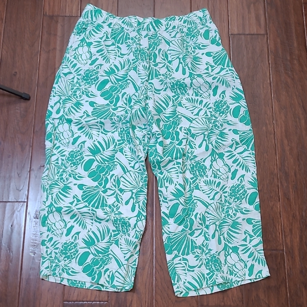 Nicole Miller Green & White Tropical Print 100% Linen Wide-leg Pants size XL